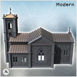 Église chrétienne moderne avec clocher, vitraux et toit en zinc (27)