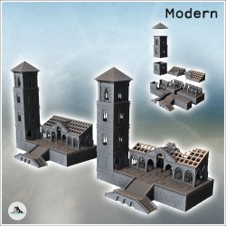 Set de deux bâtiments modernes avec tour, arches gothiques et grand escalier d'accès (version détruite et intacte) (37)
