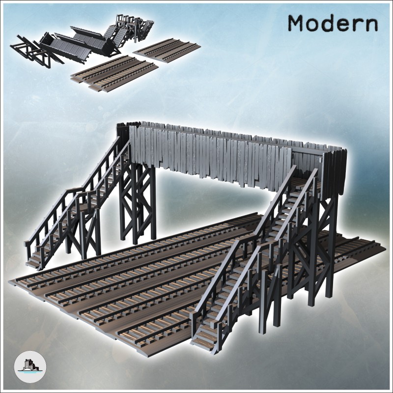 Pedestrian railway bridge with wooden plank walls and four railway tracks (39)