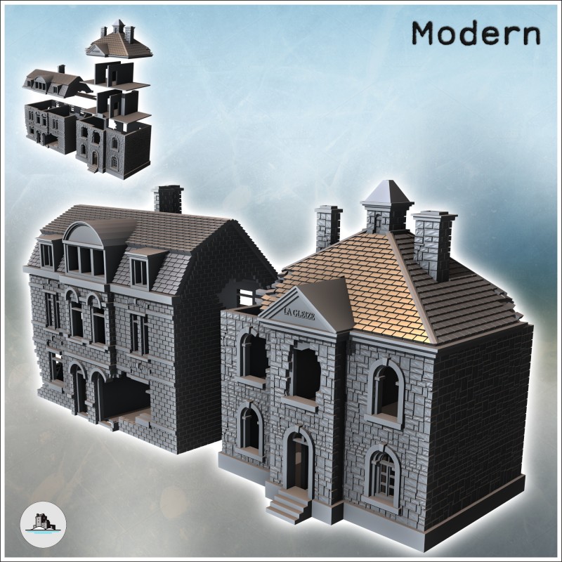 Set de deux bâtiments de village normand en ruine (3)