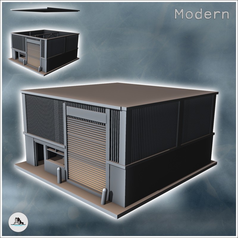 Modern industrial garage with large door and sheet metal walls (8)