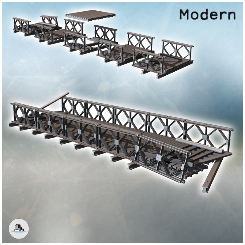Modular modern metal bridge with wooden plank (intact and damaged versions) (3)