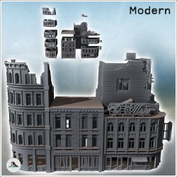 Set of ruined corner urban buildings with "The Majes" store and brick roof (22)