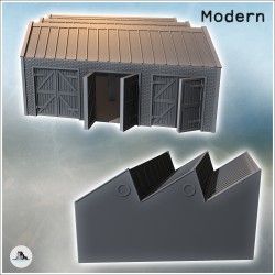 Usine à toit en shed avec trois grandes portes en bois renforcées et fenêtres rondes (1)