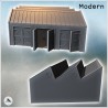 Factory with shed roof, three large reinforced wooden doors, and round windows (1)