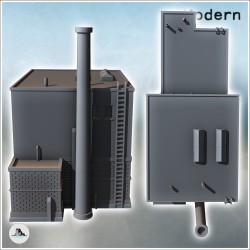 Modern industrial building with barricaded window, chimney, and roll-up doors (6)