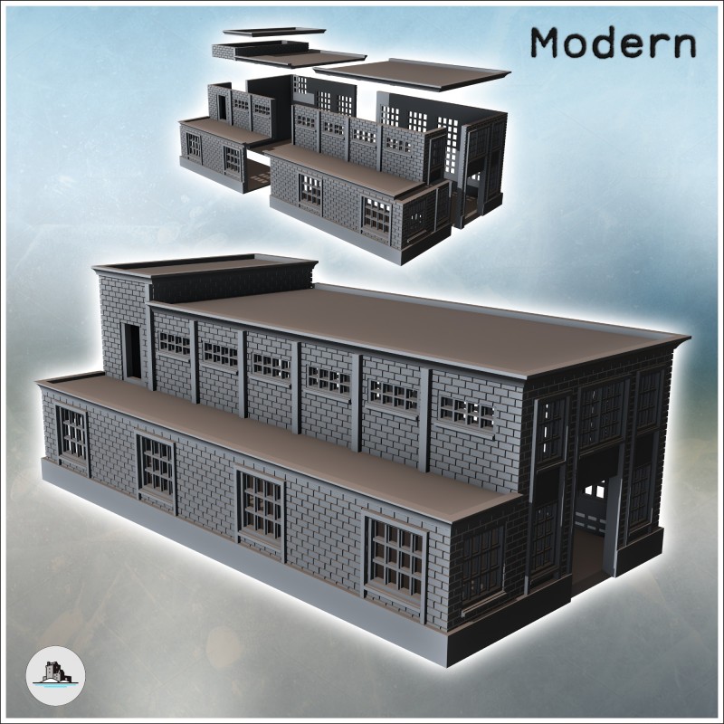 Modern industrial brick building with flat roofs, large access door, and windows (15)