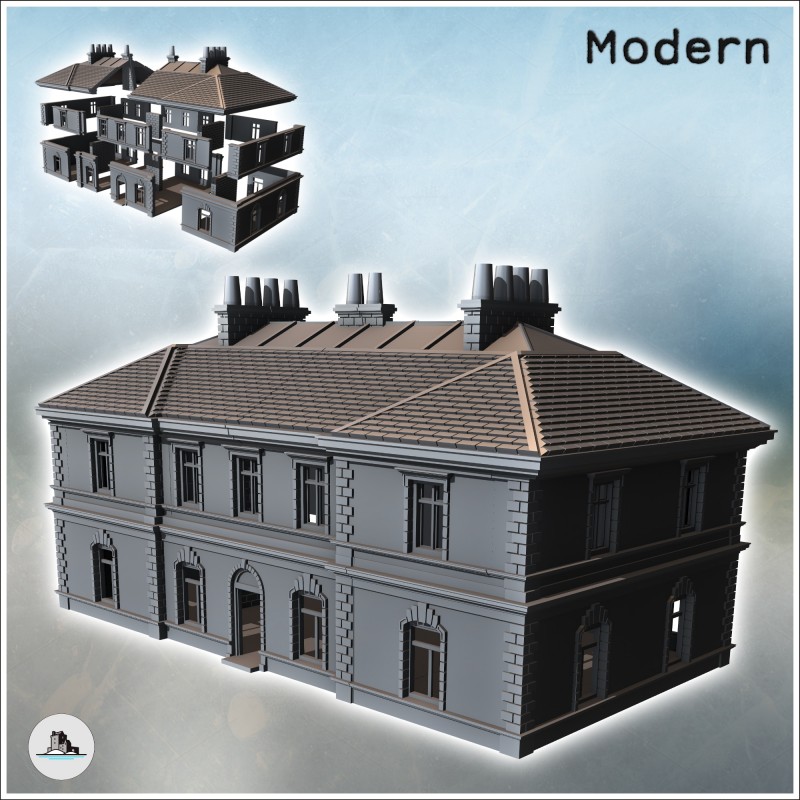 Modern multi-story building with tiled roof and multiple chimneys (17)