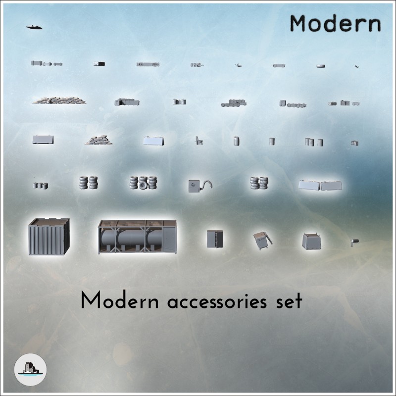 Set d'accessoires modernes avec conteneurs, pneus et sacs de sable (2)