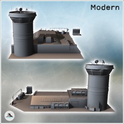Tour de contrôle d'aéroport avec radars et grand entrepôt de stockage avec barrières (5)