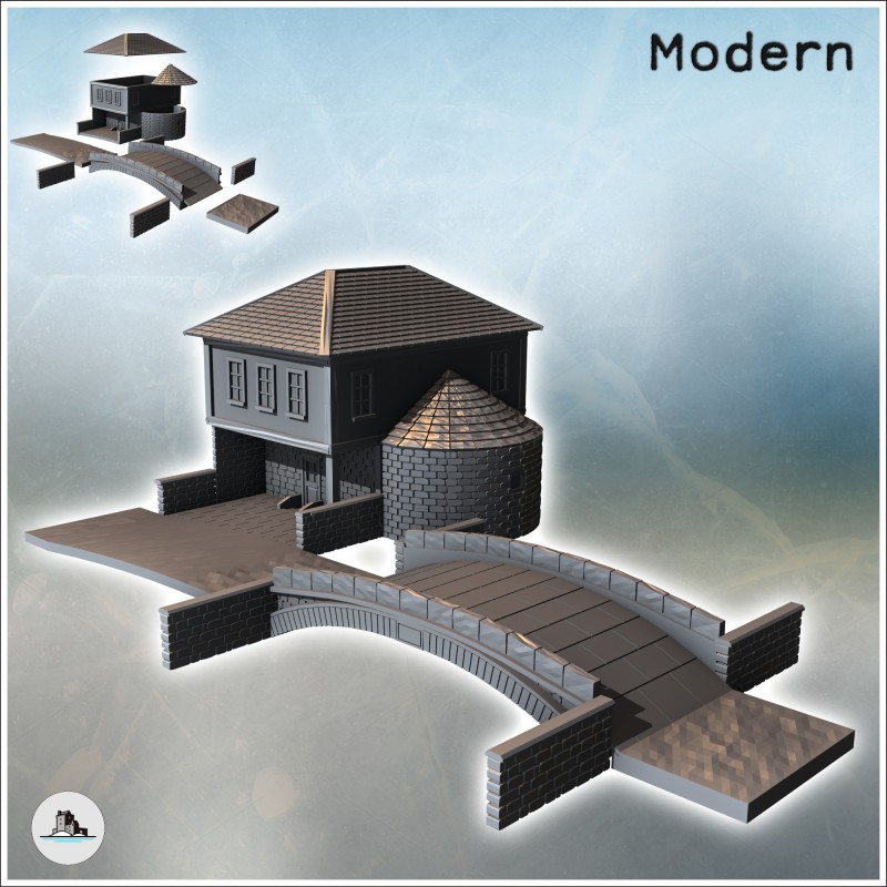 Set of rounded bridge and modern house with a four-sloped roof and a semi-circular annex (5)