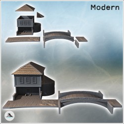 Set de pont arrondi et maison moderne avec toit à quatre pans et annexe en demi-cercle (5)