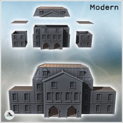 Grand bâtiment avec toit en zinc, base en pierres taillées et annexes latérales à toit plat (version intacte) (7)