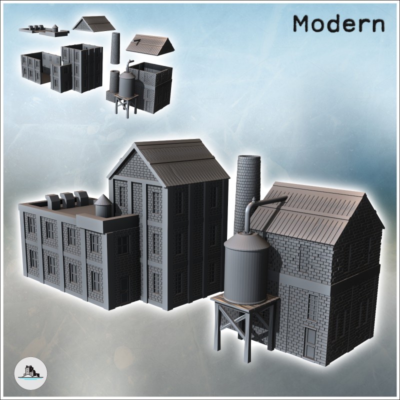 Set of two brick industrial buildings with adjacent tanks and evacuation chimney (10)