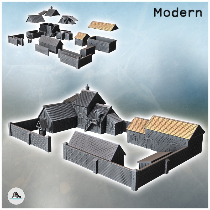 Set of rural farm with multiple buildings, barn, well, and stone enclosure walls (12)