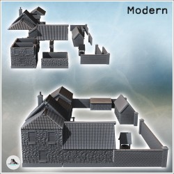 Set de ferme rurale avec multiples bâtiments, étable, puit et murs d'enceinte en pierre (12)