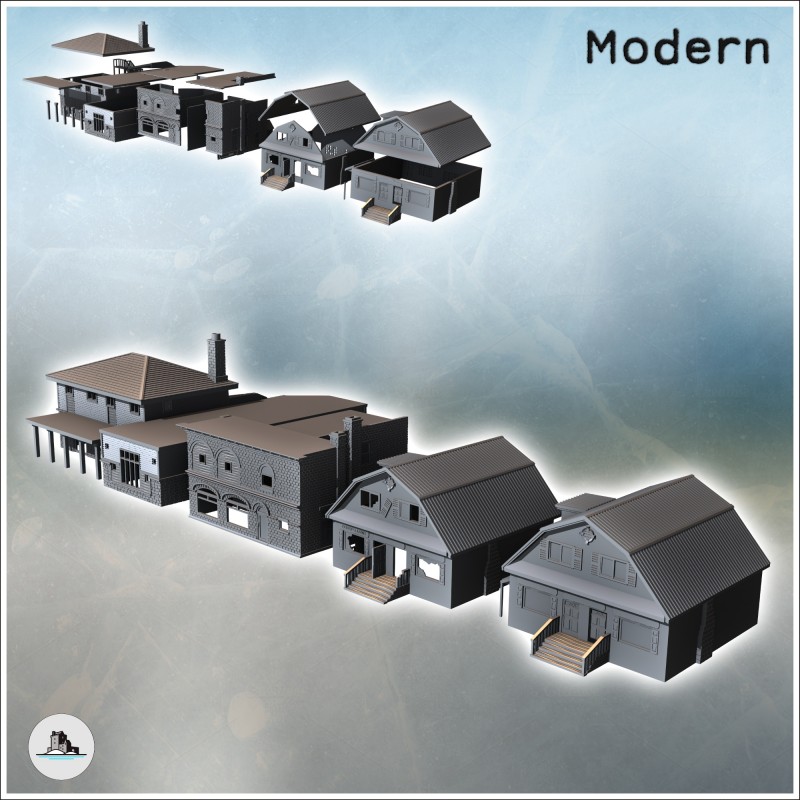 Set de quatre maisons modernes avec cheminée, murs en brique et escaliers d'accès à entrée (13)