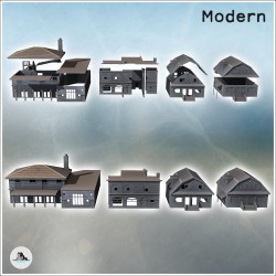 Set of four modern houses with a chimney, brick walls, and entrance access stairs (13)