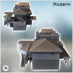 Set de quatre maisons modernes avec cheminée, murs en brique et escaliers d'accès à entrée (13)