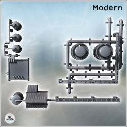 Set modulaire de site industriel avec grandes cuves de stockages, tuyauterie avec piliers et bâtiment (14)