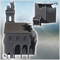 Grand bâtiment classique à toit en tuile et murs en pierre avec clocher à horloge (version en ruine) (17)