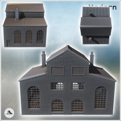 Large brick industrial warehouse with triple roofs, large wooden access doors, and a chimney (19)