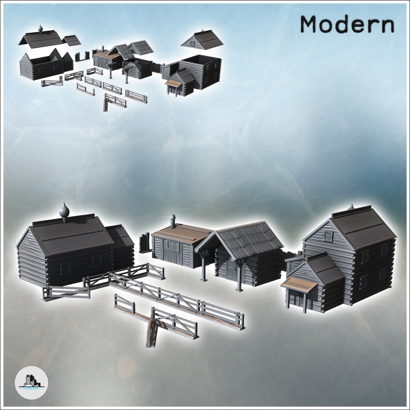 Set of Slavic or Russian rural town with Orthodox chapel, log houses, and modular wooden fences (20)