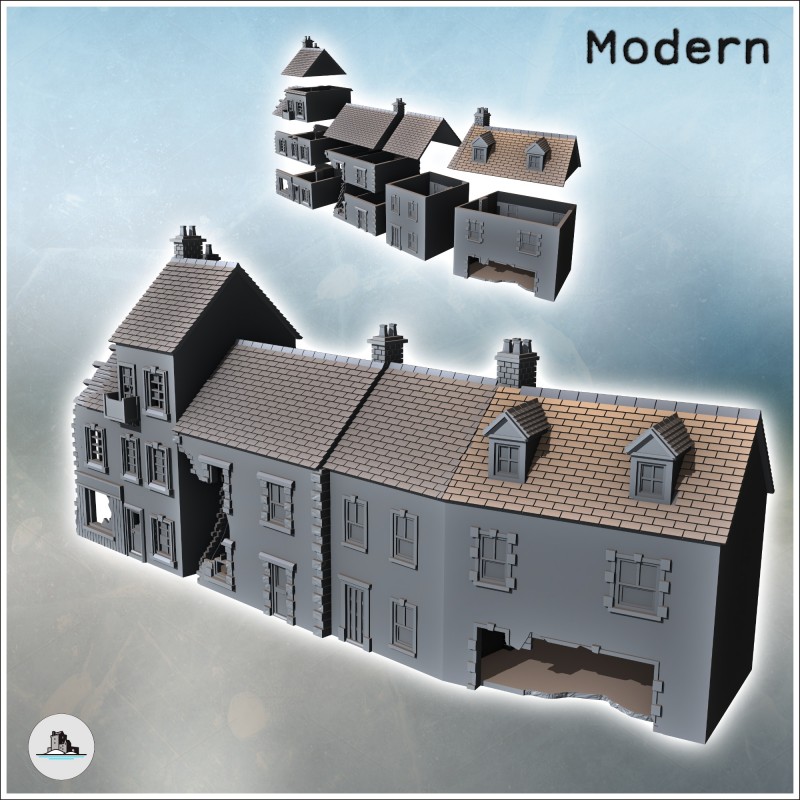 Set de quatre maisons européennes en ruine accolées avec cheminées et fenêtres de toit (22)
