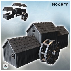 Moulin à eau rurale avec bâtiment en trois partie et roue en bois (32)