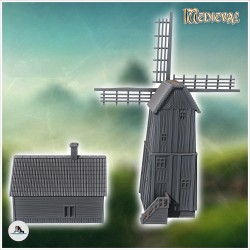 Set de moulin en bois sur base carrée avec bâtiment de ferme annexe à cheminée (33)