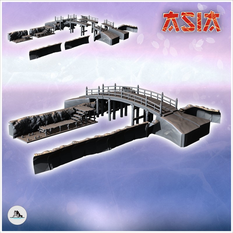 Asian wooden bridge set with modular dock and riverbanks (2)