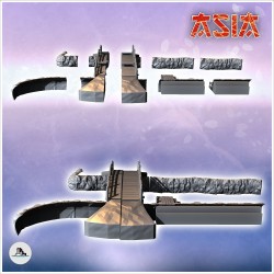 Set de pont asiatique en bois avec quai et bords de rivière modulaire (2)
