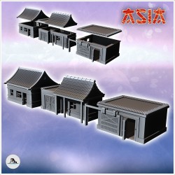 Set of three Asian wooden houses with curved tile roof (2)