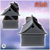 Set of three Asian wooden houses with curved tile roof (2)