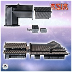 Set de deux grands bâtiments asiatiques à toit en tuiles avec deux échoppes de marché (4)