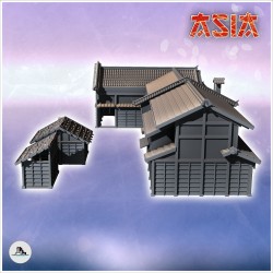 Set de deux grands bâtiments asiatiques à toit en tuiles avec deux échoppes de marché (4)