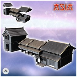 Set de trois bâtiments asiatiques avec toit courbé et grand hall (5)