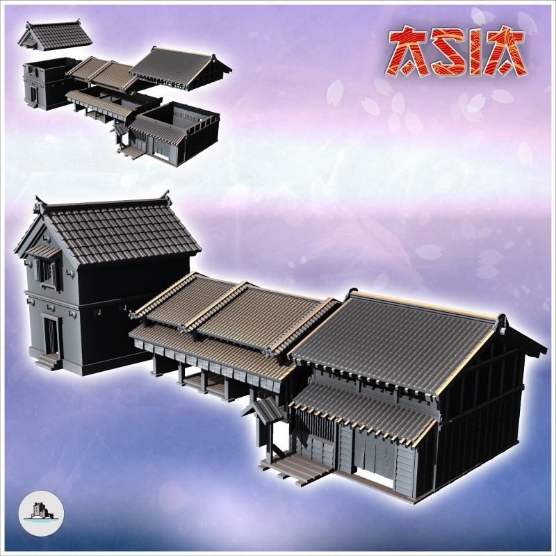 Set de trois bâtiments asiatiques avec toit courbé et grand hall (5)