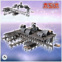 Grand set de village asiatique en bord de rivière avec maisons et tour en bois (10)