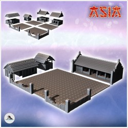 Set de deux bâtiments asiatiques avec grande cour pavée et mur en pierre (18)