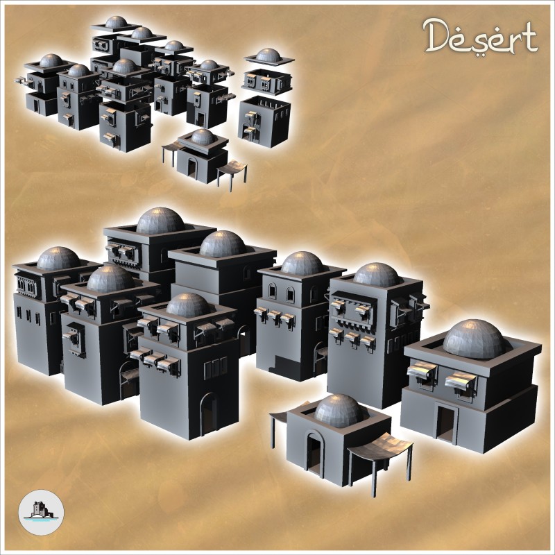 Grand set de neufs bâtiments désertiques avec dômes sur toit (19)