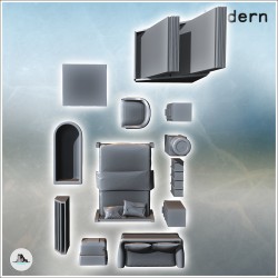 Set of modern indoor furniture with armchair, bed, and bathtub (2)