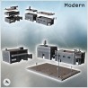 Set of three brick urban buildings with 24-7 shop, rooftop tank, and central lamppost sidewalk (8)