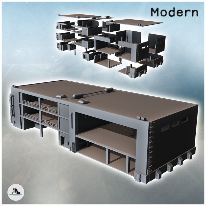 Bâtiment moderne industriel ouvert avec multiples étages, toit plat et échelles latérales (14)