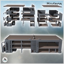 Bâtiment moderne industriel ouvert avec multiples étages, toit plat et échelles latérales (14)