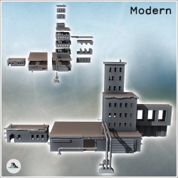 Bâtiment industriel moderne avec tuyauterie, grande tour centrale et toits plats (15)