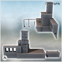 Bâtiment industriel moderne avec tuyauterie, grande tour centrale et toits plats (15)