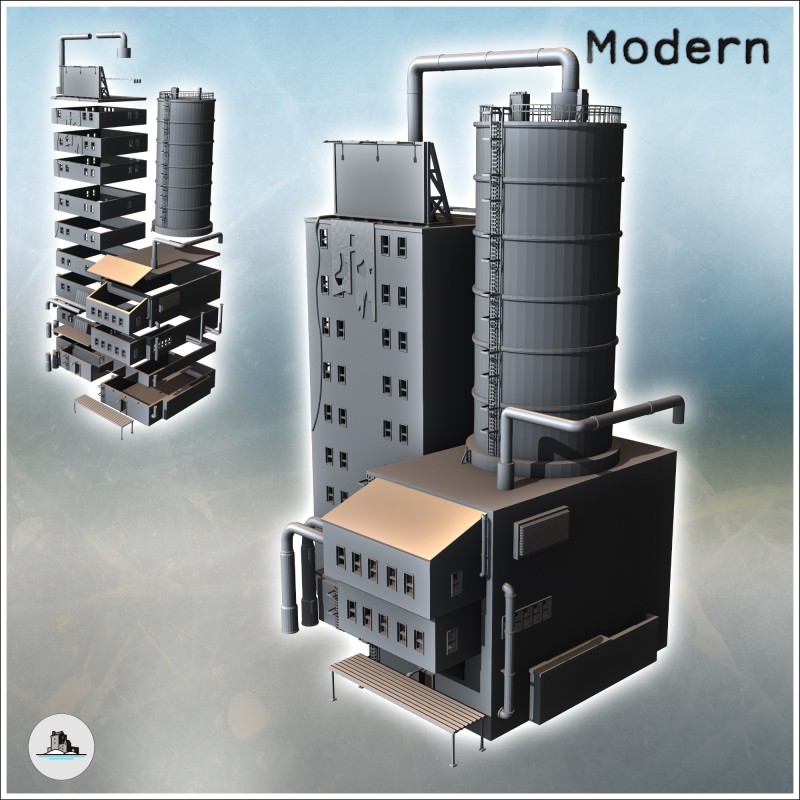 Modern building with a large silo, pipes, and overhanging annexes (16)