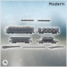 Modular railway convoy set with diesel locomotive, industrial trailers, and railroad tracks (1)