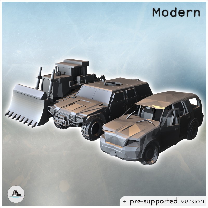 Set of three post-apocalyptic vehicles with vehicle carcasses, bulldozer, and Hummer (4)